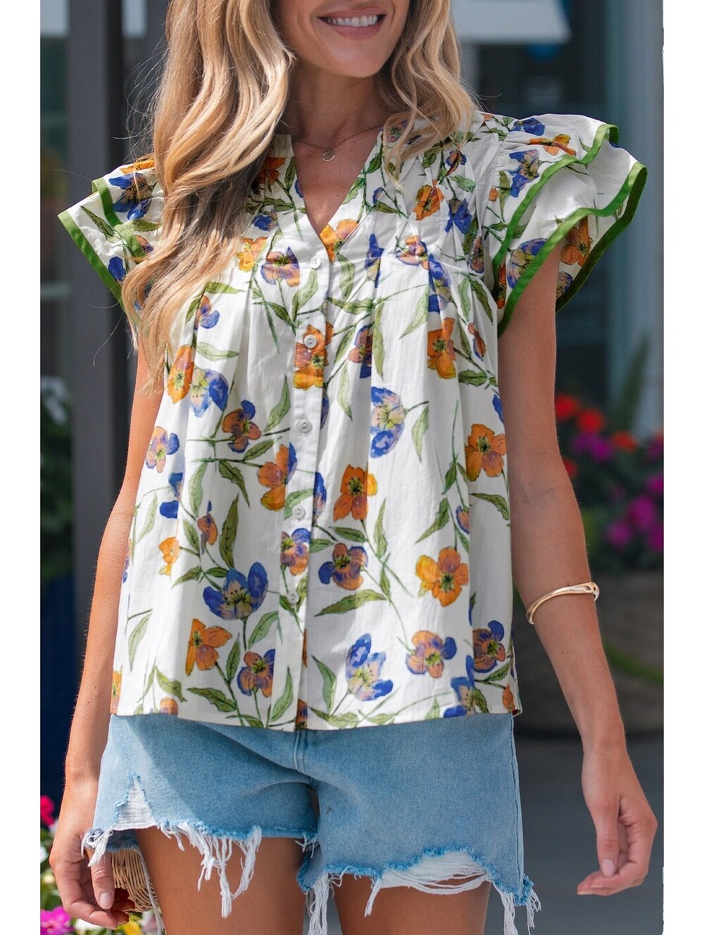 Women's Floral Print Ruffle Sleeve Blouse - Picture 2 of 9